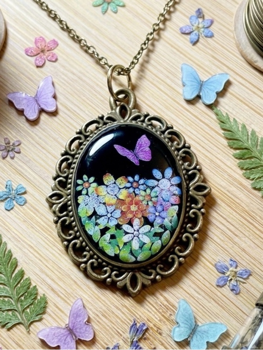 Gold-Tone Floral & Purple Butterfly Oval Pendant Necklace